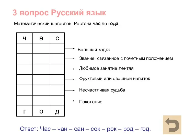 3 вопрос Русский язык Ответ: Час – чан – сан – сок