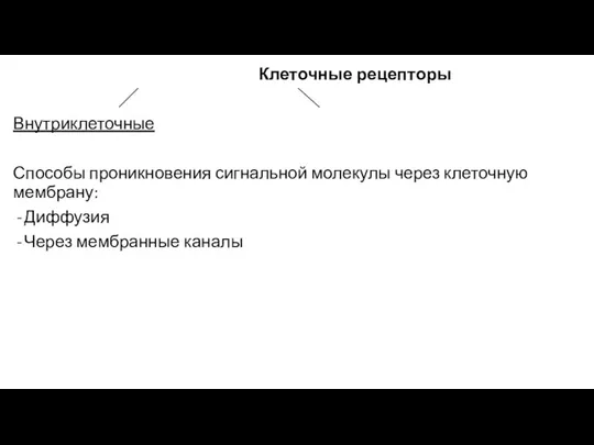 Клеточные рецепторы Внутриклеточные Способы проникновения сигнальной молекулы через клеточную мембрану: Диффузия Через