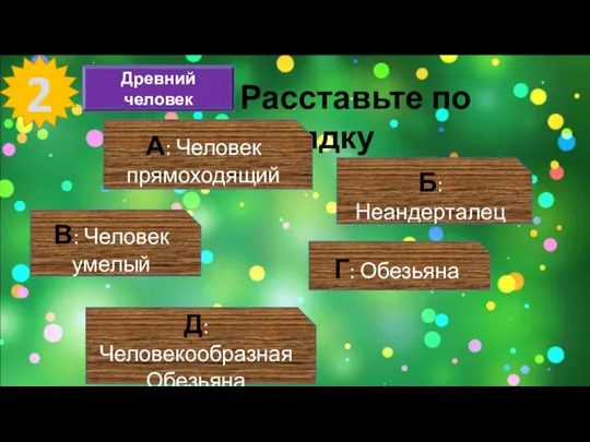 2 Древний человек Расставьте по порядку Г: Обезьяна Б: Неандерталец Д: Человекообразная