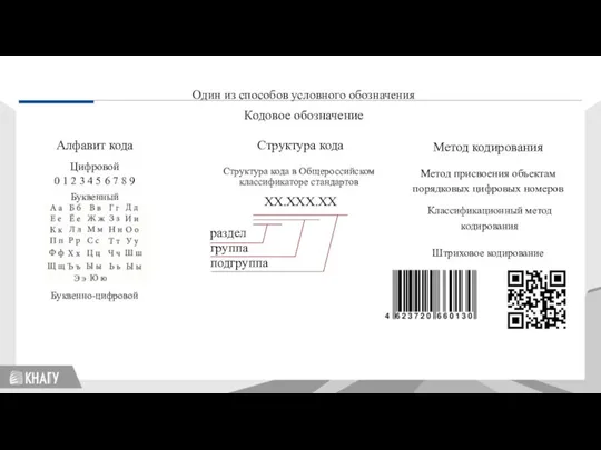 Стандартизация Один из способов условного обозначения Кодовое обозначение Алфавит кода Структура кода