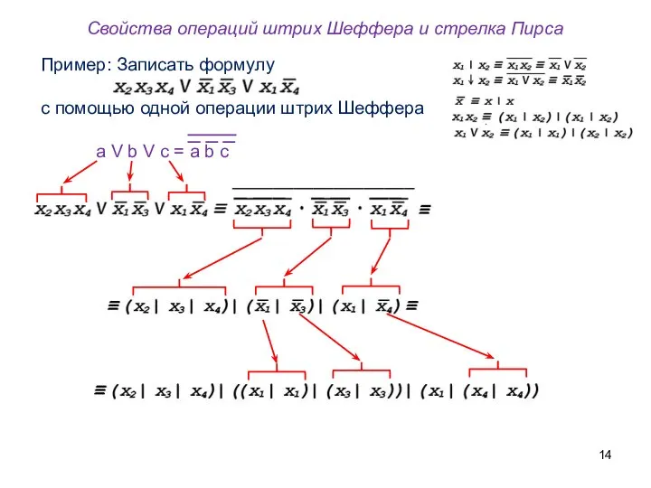 Свойства операций штрих Шеффера и стрелка Пирса Пример: Записать формулу с помощью