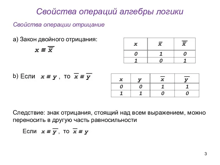 Свойства операций алгебры логики Свойства операции отрицание a) Закон двойного отрицания: b)
