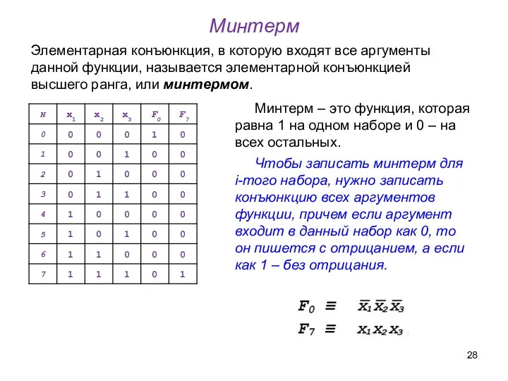 Элементарная конъюнкция, в которую входят все аргументы данной функции, называется элементарной конъюнкцией