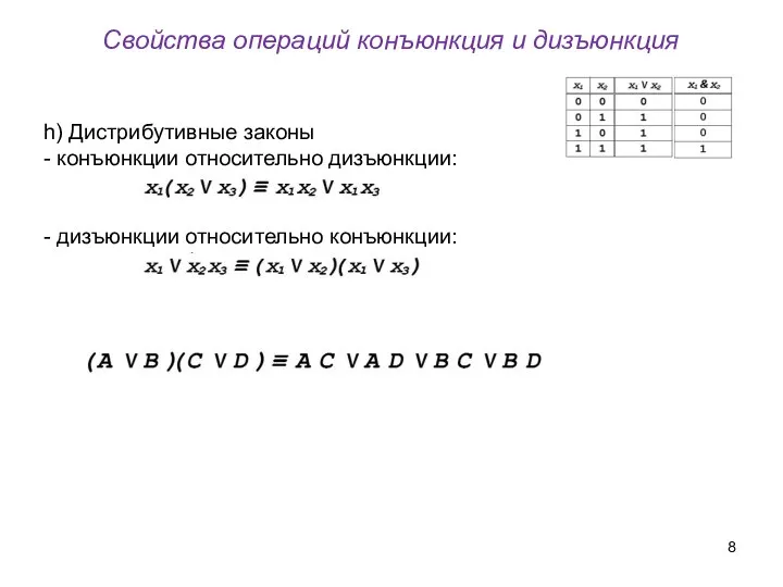 Свойства операций конъюнкция и дизъюнкция h) Дистрибутивные законы - конъюнкции относительно дизъюнкции: - дизъюнкции относительно конъюнкции: