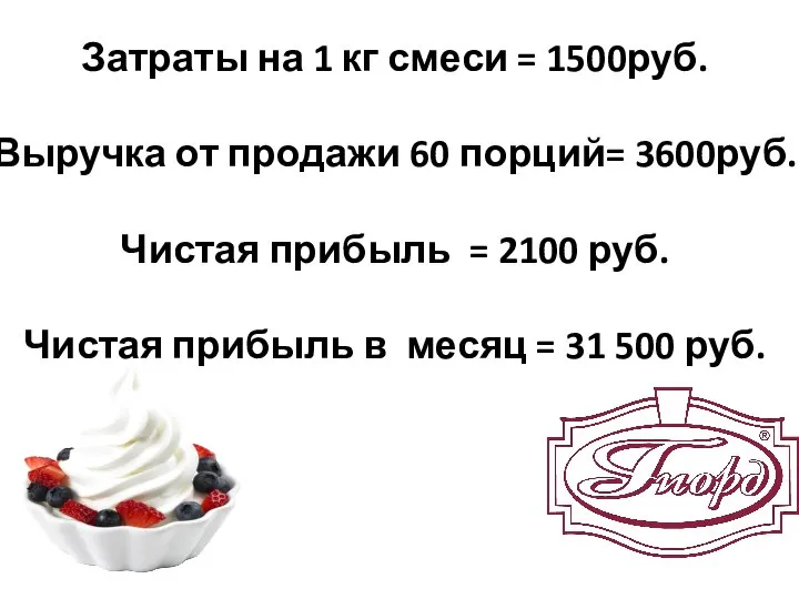 Затраты на 1 кг смеси = 1500руб. Выручка от продажи 60 порций=