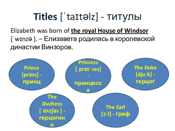 Titles [ˈtaɪtəlz] - титулы Elizabeth was born of the royal House of