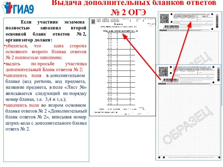 Выдача дополнительных бланков ответов № 2 ОГЭ Если участник экзамена полностью заполнил