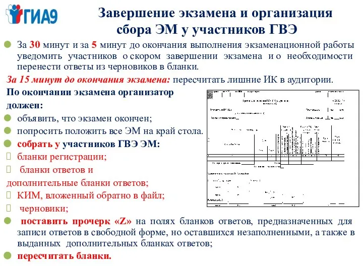 Завершение экзамена и организация сбора ЭМ у участников ГВЭ За 30 минут