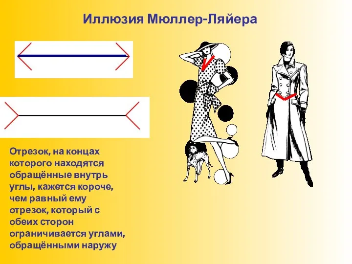 Иллюзия Мюллер-Ляйера Отрезок, на концах которого находятся обращённые внутрь углы, кажется короче,