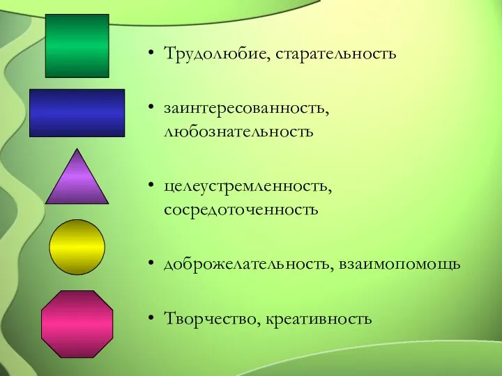 Трудолюбие, старательность заинтересованность, любознательность целеустремленность, сосредоточенность доброжелательность, взаимопомощь Творчество, креативность