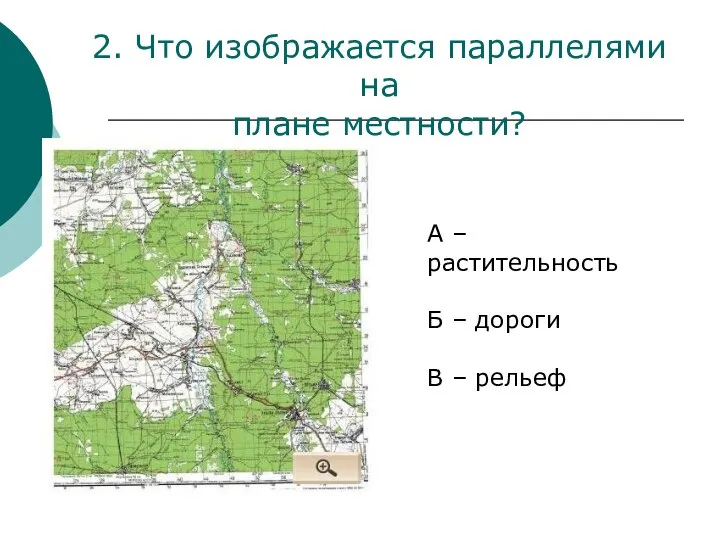 2. Что изображается параллелями на плане местности? А – растительность Б – дороги В – рельеф