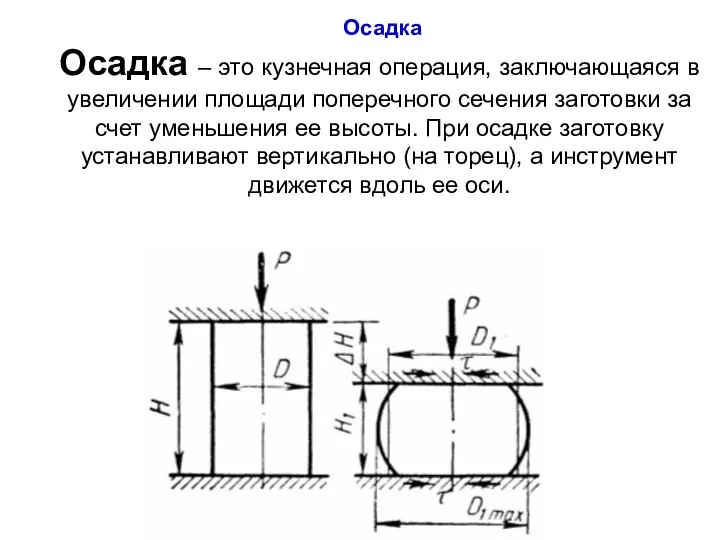 Осадка Осадка – это кузнечная операция, заключающаяся в увеличении площади поперечного сечения