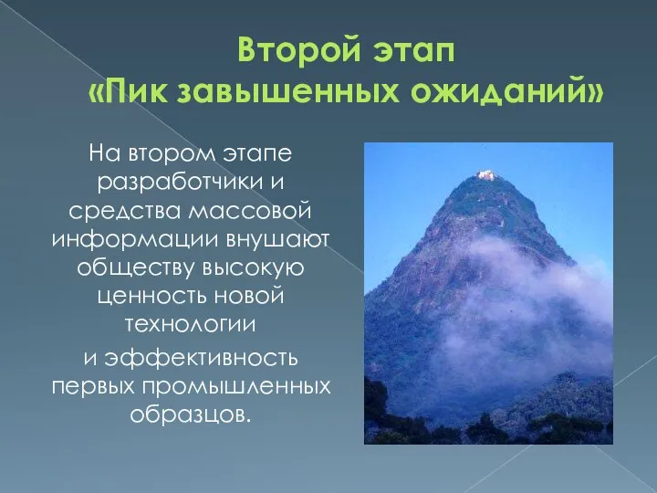 Второй этап «Пик завышенных ожиданий» На втором этапе разработчики и средства массовой