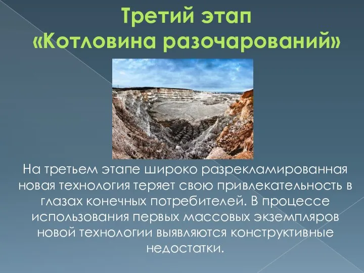 Третий этап «Котловина разочарований» На третьем этапе широко разрекламированная новая технология теряет