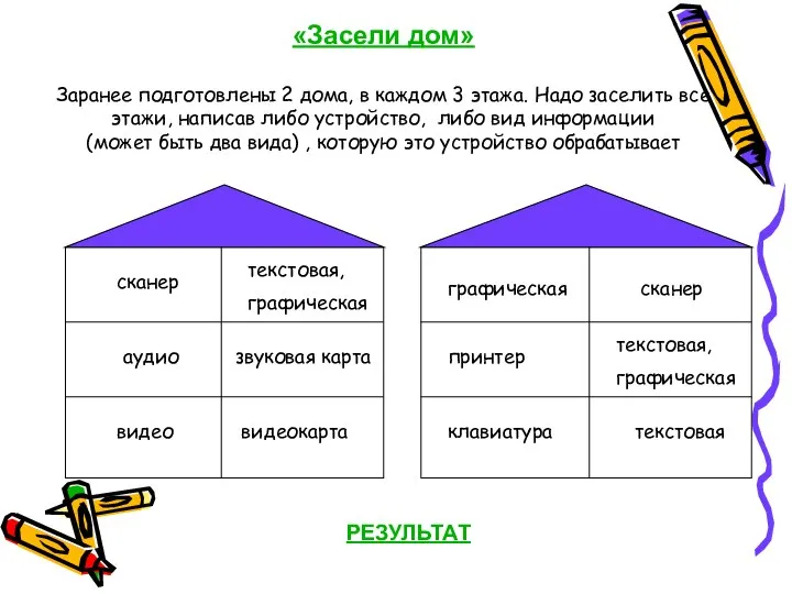 «Засели дом» Заранее подготовлены 2 дома, в каждом 3 этажа. Надо заселить