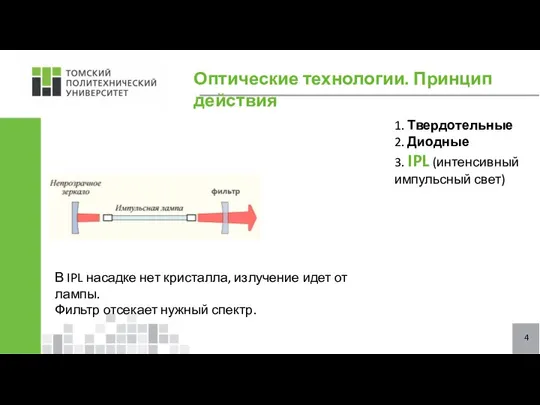 Оптические технологии. Принцип действия 1. Твердотельные 2. Диодные 3. IPL (интенсивный импульсный