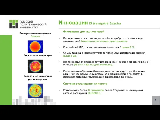 9 Инновации В аппарате Estetica Инновации для излучателей Беззеркальная концепция излучателей –