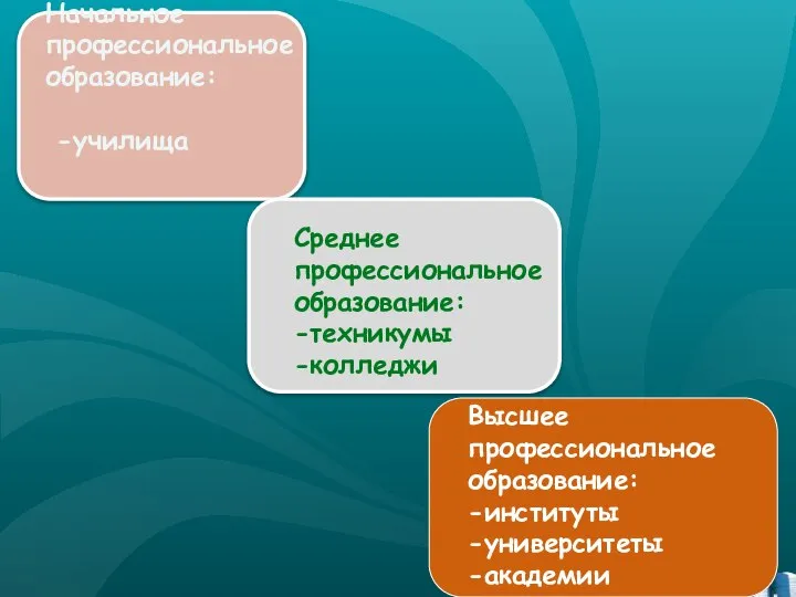 Начальное профессиональное образование: -училища Среднее профессиональное образование: -техникумы -колледжи Высшее профессиональное образование: -институты -университеты -академии