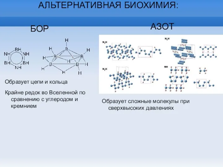 АЛЬТЕРНАТИВНАЯ БИОХИМИЯ: Образует цепи и кольца Крайне редок во Вселенной по сравнению