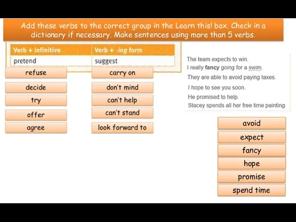 Add these verbs to the correct group in the Learn this! box.