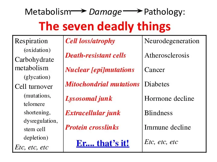 Metabolism Damage Pathology: The seven deadly things