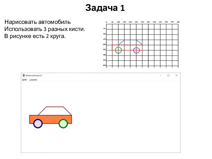 Задача 1 Нарисовать автомобиль Использовать 3 разных кисти. В рисунке есть 2 круга.