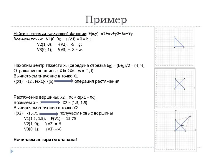 Пример Найти экстремум следующей функции: F(x,y)=x2+xy+y2−6x−9y Возьмем точки: V1(0, 0); F(V1) =