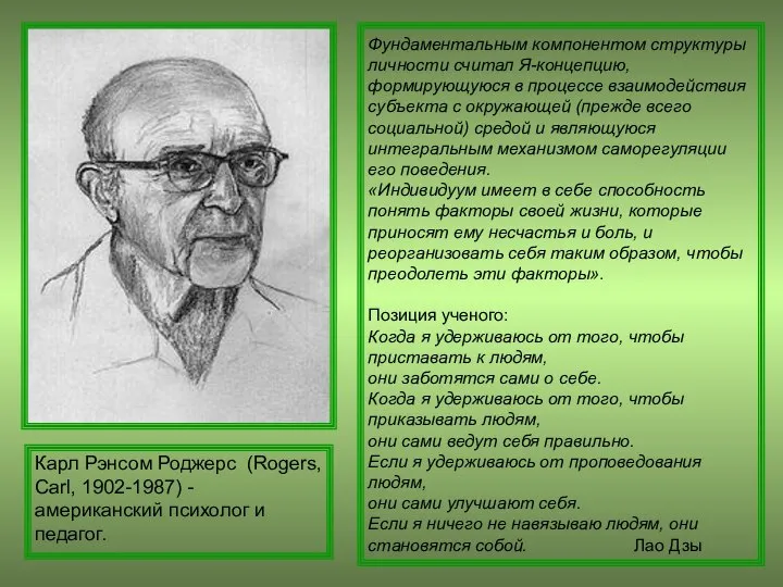 Фундаментальным компонентом структуры личности считал Я-концепцию, формирующуюся в процессе взаимодействия субъекта с