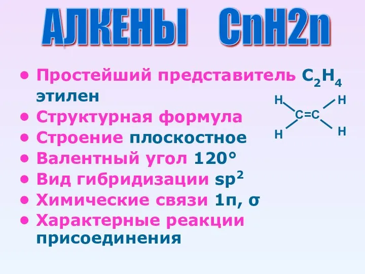 Простейший представитель С2Н4 этилен Структурная формула Строение плоскостное Валентный угол 120° Вид