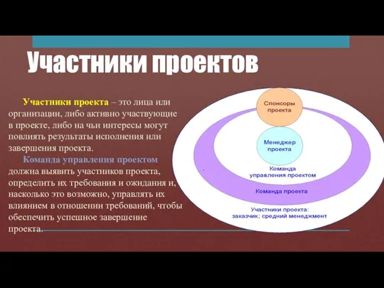 Участники проектов Участники проекта – это лица или организации, либо активно участвующие