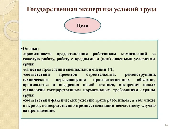 Государственная экспертиза условий труда Оценка: -правильности предоставления работникам компенсаций за тяжелую работу,