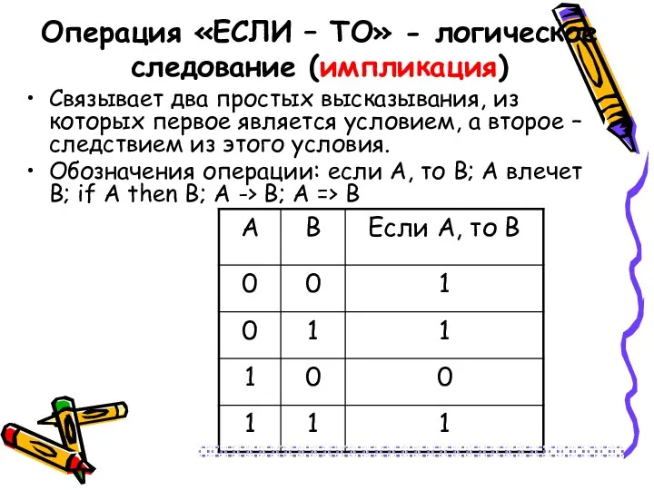 Операция «ЕСЛИ – ТО» - логическое следование (импликация) Связывает два простых высказывания,