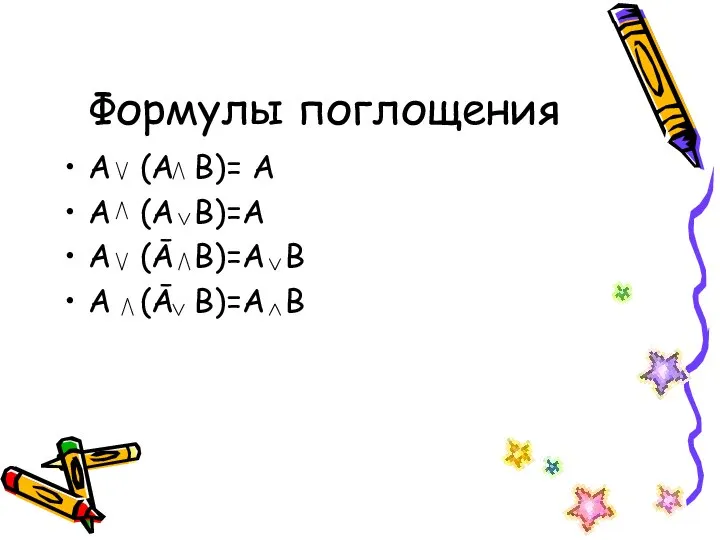 Формулы поглощения А (А В)= А А (А В)=А А (Ā В)=А