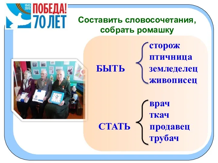 Составить словосочетания, собрать ромашку сторож птичница БЫТЬ земледелец живописец врач ткач СТАТЬ продавец трубач