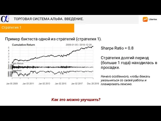 Пример бэктеста одной из стратегий (стратегия 1). Стратегия 1 Sharpe Ratio =