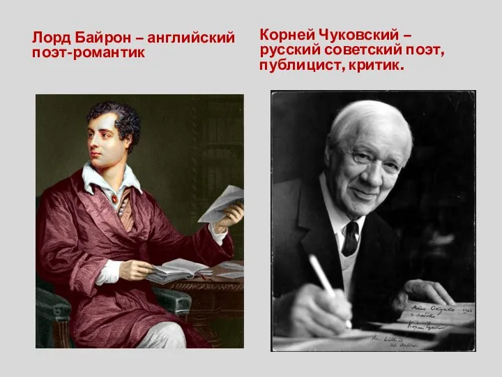 Лорд Байрон – английский поэт-романтик Корней Чуковский – русский советский поэт, публицист, критик.