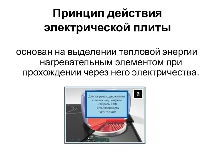 Принцип действия электрической плиты основан на выделении тепловой энергии нагревательным элементом при прохождении через него электричества.