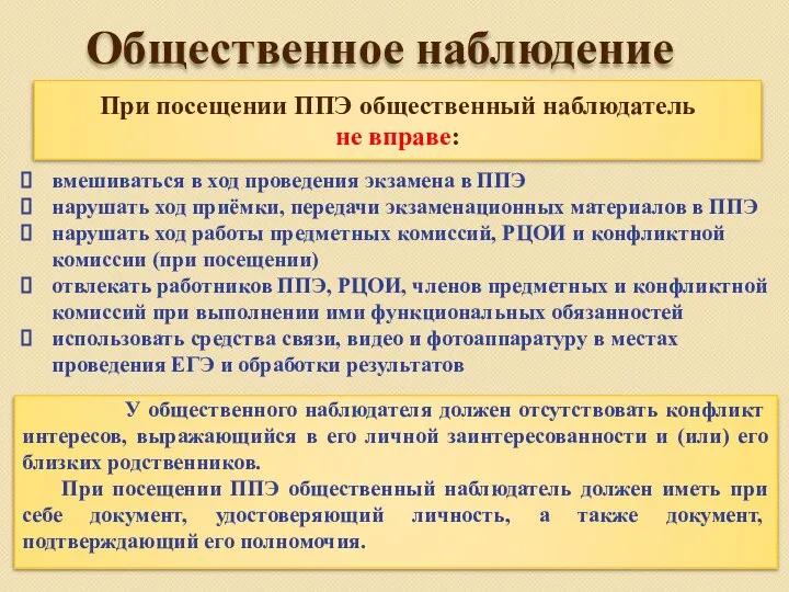 Общественное наблюдение При посещении ППЭ общественный наблюдатель не вправе: У общественного наблюдателя