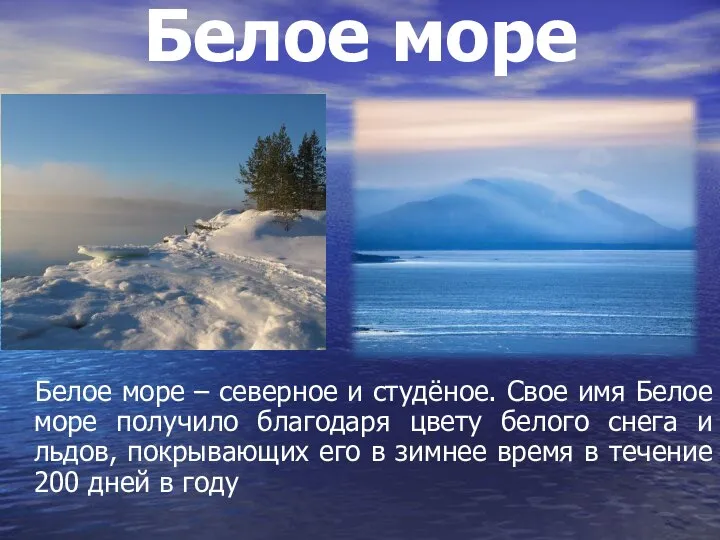 Белое море Белое море – северное и студёное. Свое имя Белое море