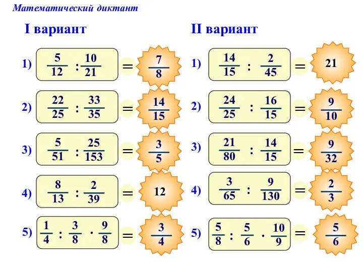 Математический диктант I вариант II вариант