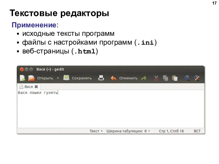 Текстовые редакторы Применение: исходные тексты программ файлы с настройками программ (.ini) веб-страницы (.html)