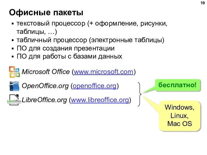 Офисные пакеты текстовый процессор (+ оформление, рисунки, таблицы, …) табличный процессор (электронные