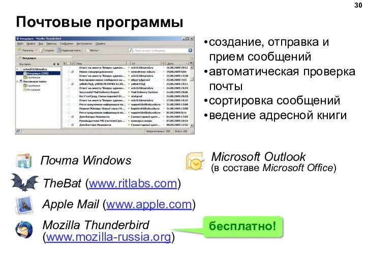Почтовые программы Почта Windows Microsoft Outlook (в составе Microsoft Office) TheBat (www.ritlabs.com)