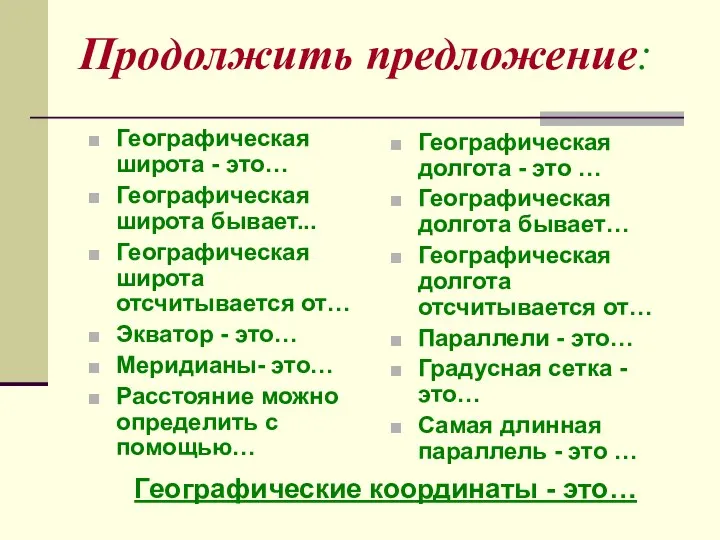 Продолжить предложение: Географическая широта - это… Географическая широта бывает... Географическая широта отсчитывается