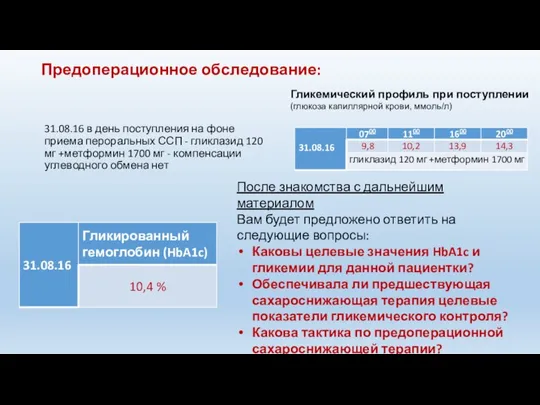 Предоперационное обследование: 31.08.16 в день поступления на фоне приема пероральных ССП -