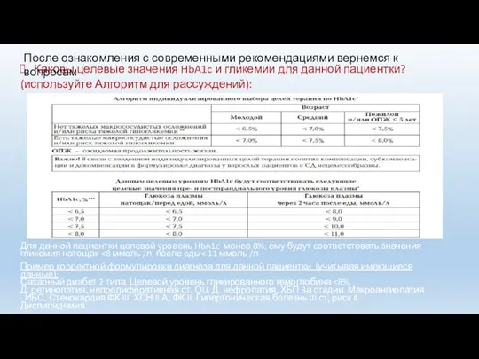 Каковы целевые значения HbA1c и гликемии для данной пациентки? (используйте Алгоритм для