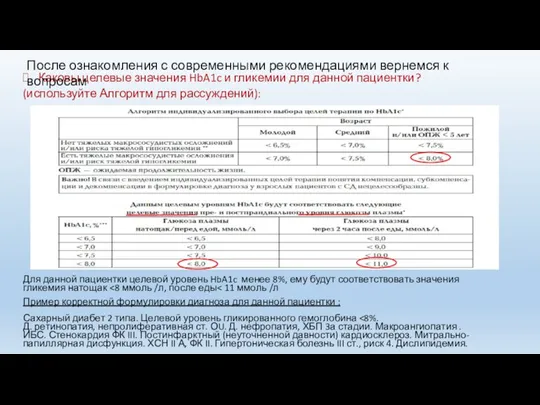 Каковы целевые значения HbA1c и гликемии для данной пациентки? (используйте Алгоритм для