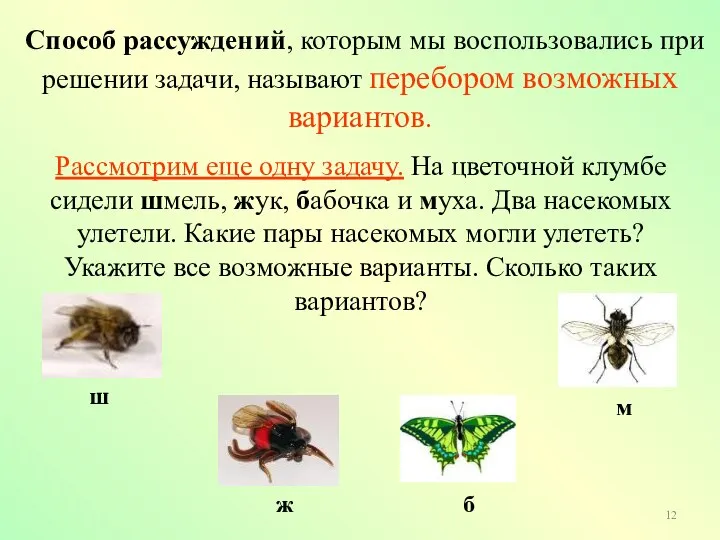 Рассмотрим еще одну задачу. На цветочной клумбе сидели шмель, жук, бабочка и