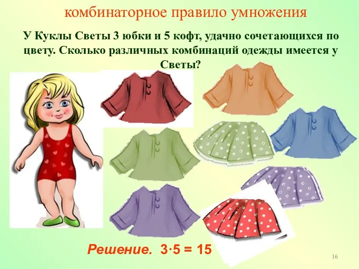 У Куклы Светы 3 юбки и 5 кофт, удачно сочетающихся по цвету.