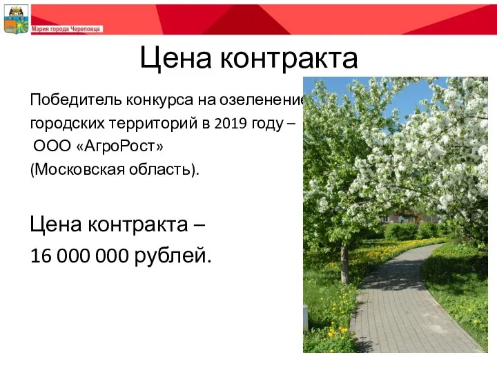 Цена контракта Победитель конкурса на озеленение городских территорий в 2019 году –